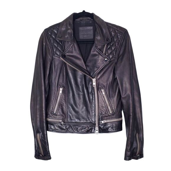 AllSaints Conroy Quilted Leather Zip Biker Jacket Black Asymmetric Size US 4 - Picture 4 of 11